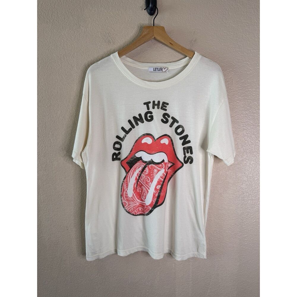 Anthropologie LETLUV Rolling Stones Ivory Red Bandana T Shirt Womens Medium